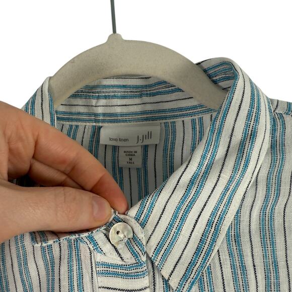 J Jill Love Linen Blue White Striped Popover Shirt Coastal Cottage Womens M Tall - Picture 4 of 7